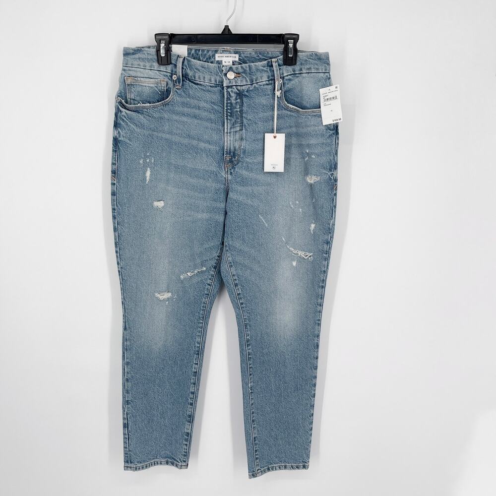 Good American Good Classic Distressed Straight Jeans NEW Sz 12/31 Stretch Blue - Picture 1 of 11
